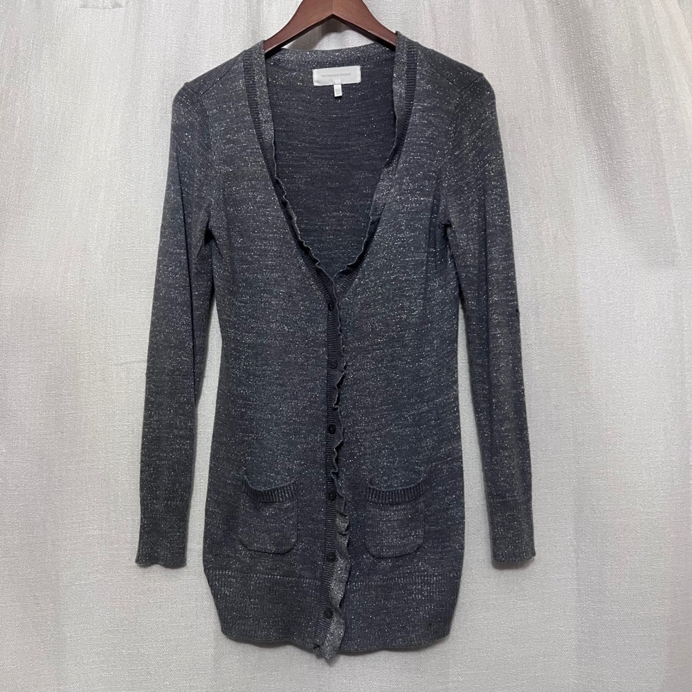 Y2K VICTORIAS SECRET Silver Sparkle Knit Cardigan‎ Sweater Long Sleeve Pockets S